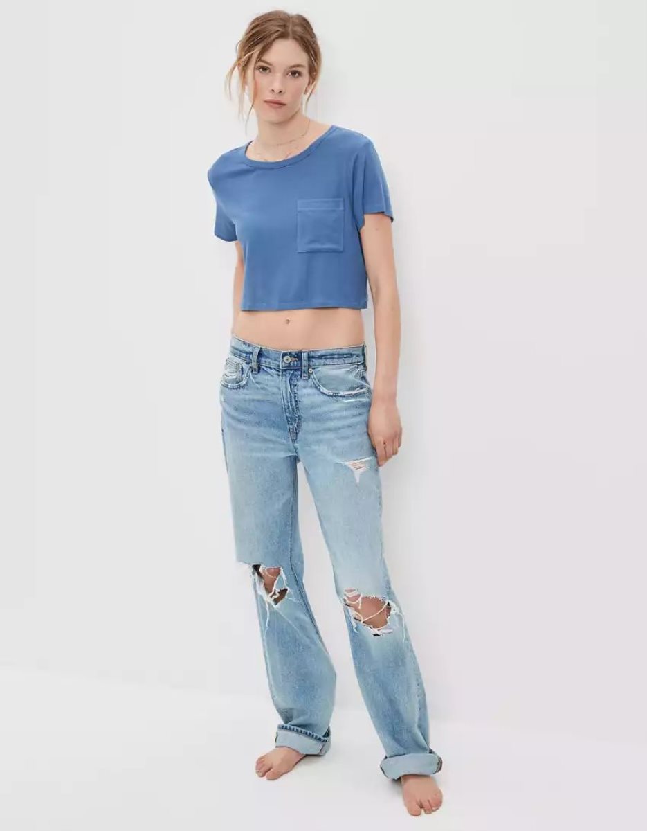 T Shirts American Eagle AE Cropped Soft & Sexy Pocket Tee Indigo Femme | PPS-75161115